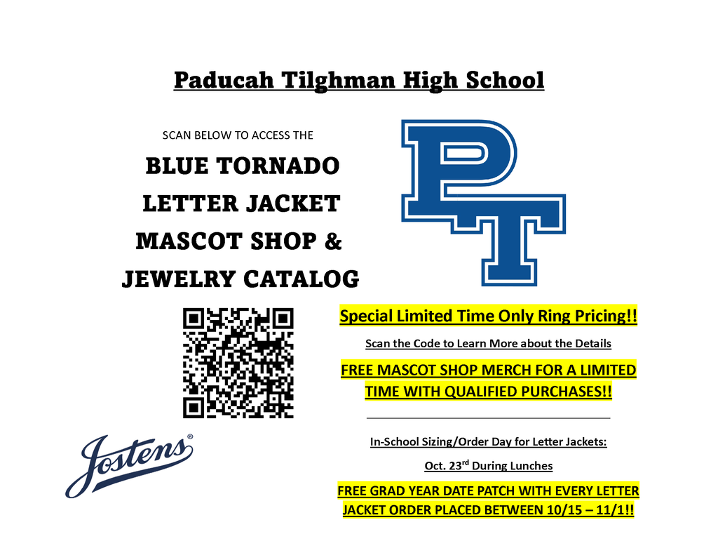 Document with blue logo and blue letters reading "PT" and text reading "Paducah Tilghman High School" and other text, logos, and QR codes.