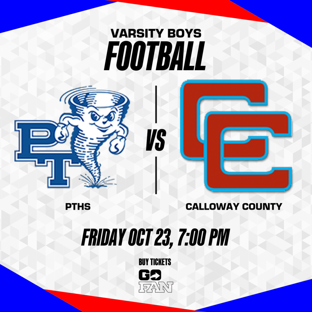 Poster with blue and red logos and text. Text reads, "Varsity Boys Football" and "Friday Oct 23, 7:00 PM."