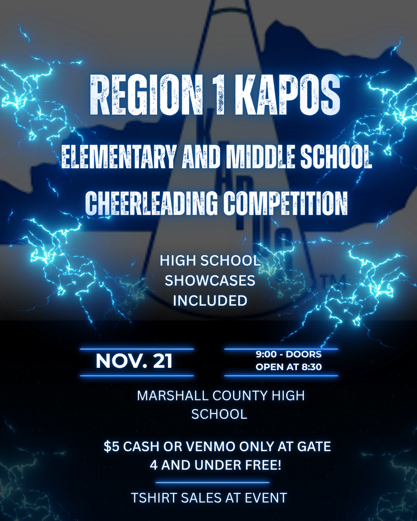 Poster with blue lightning bolts. Text reads: Region 1 Kapos Elementary and Middle School Cheerleading Competition, Nov. 21.
