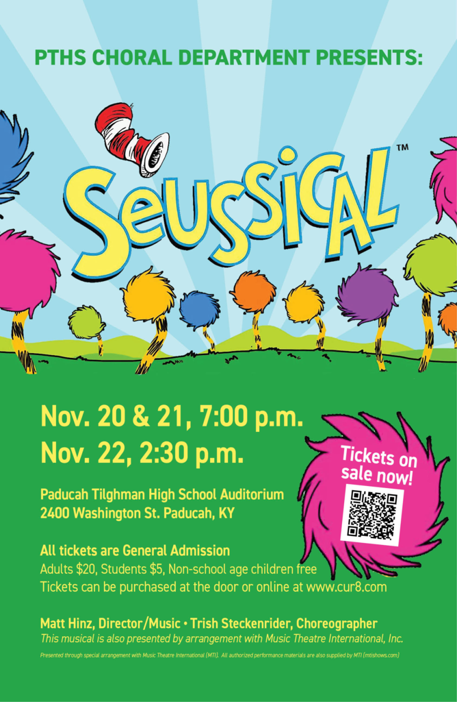 Poster advertising Seussical. Dates and times for show, and location are displayed. QR code is at the bottom.