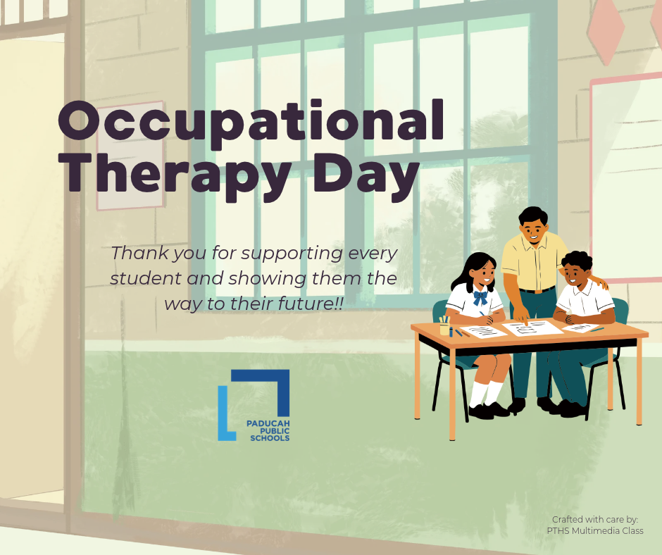 Text: Occupational Therapy Day. Thank you for supporting every student and showing them the way to their future. Three children in school uniforms sit at a table.