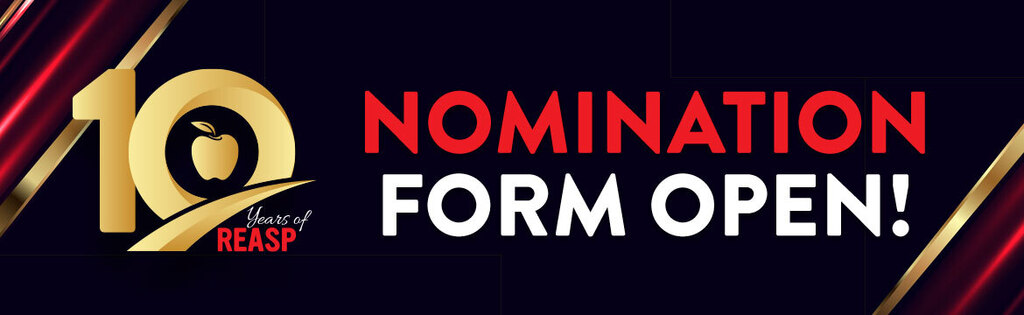 Black and red background with gold accent. Text reads "Nomination Form Open!" with a stylized number 10.