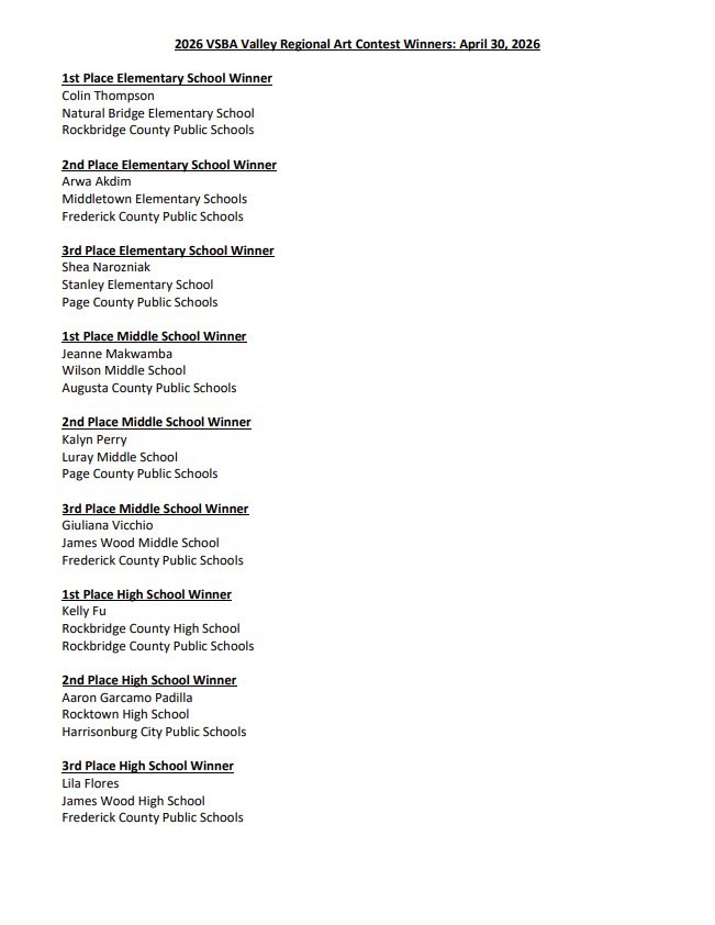 press release VSBA Art contest Winners