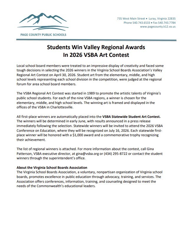 press release VSBA Art contest Winners