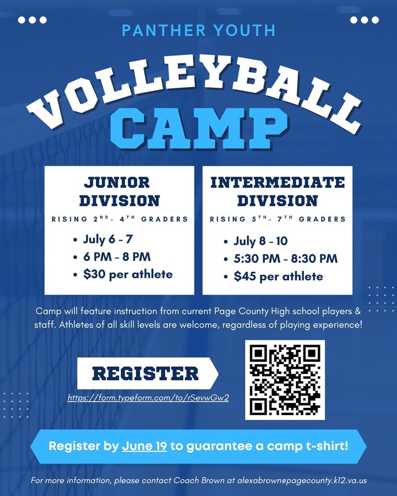 Youth Volleyball Camp sponsored by Page County High School volleyball program.