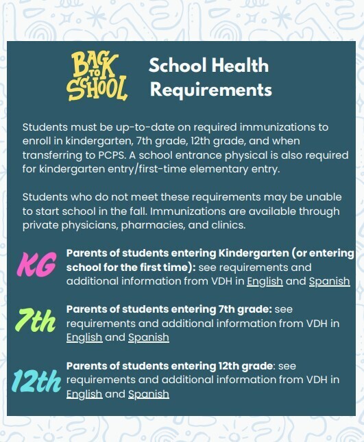 School Health Requirements for Kindergarten, 7th Grade and 12 th Grade.