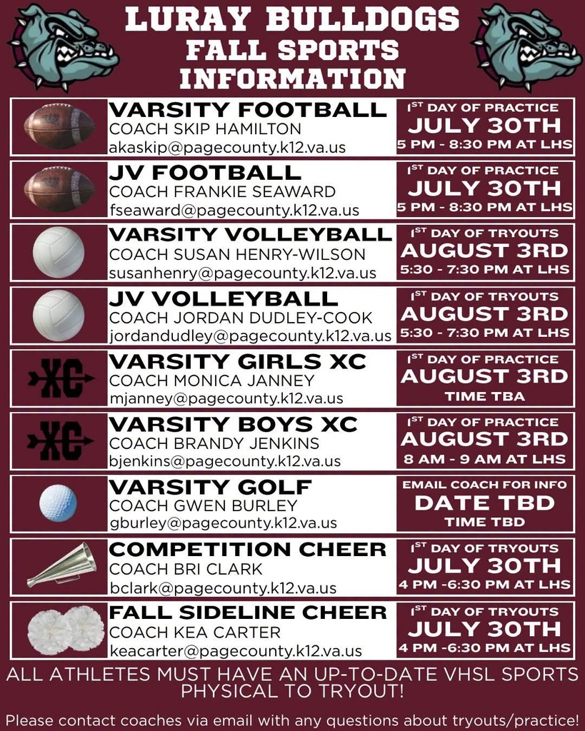 Luray High School Fall Sports Information Season Start Dates