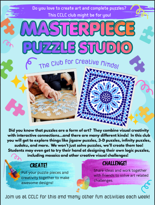 Flyer that describes the master piece puzzle studio activity.
