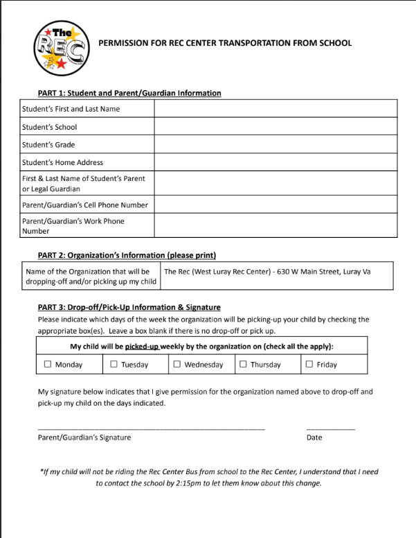 The Rec transportation form