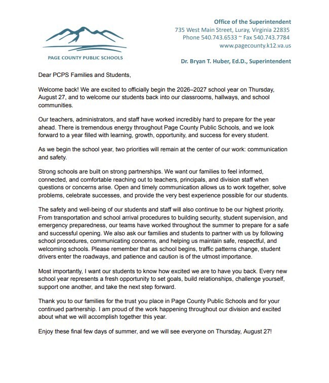 Welcome Back to School Letter 2026-2027