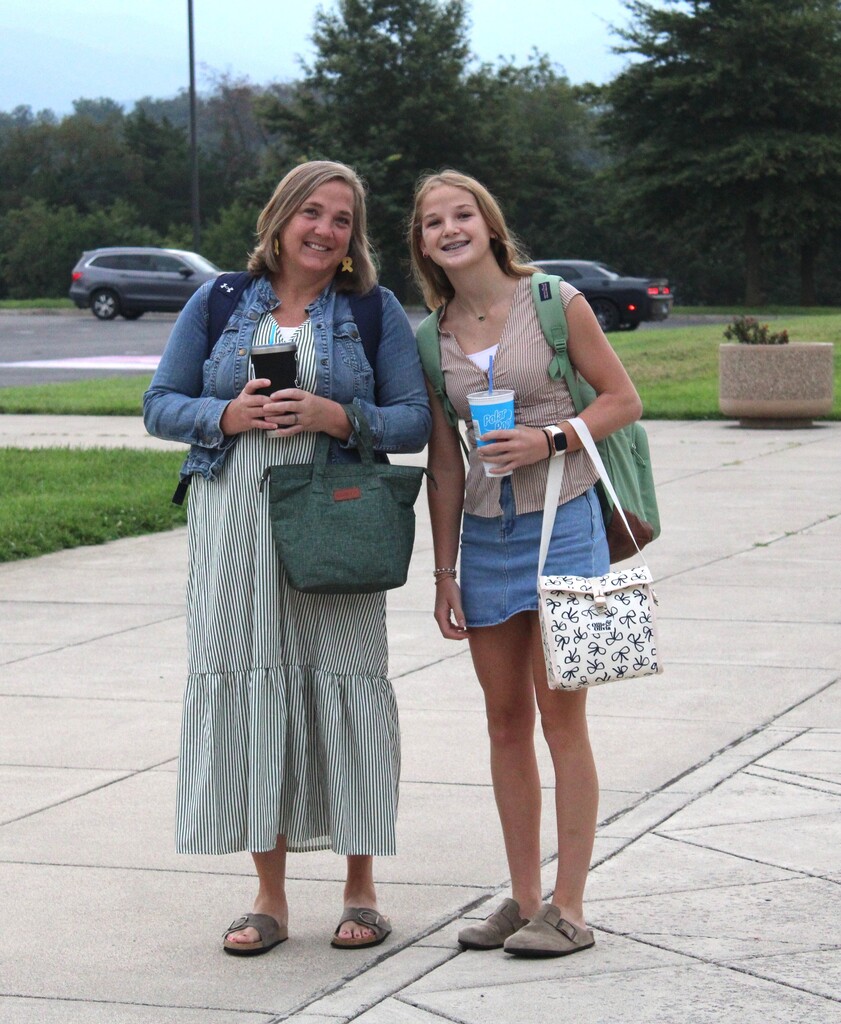 Mother and daughter on the first day of school 