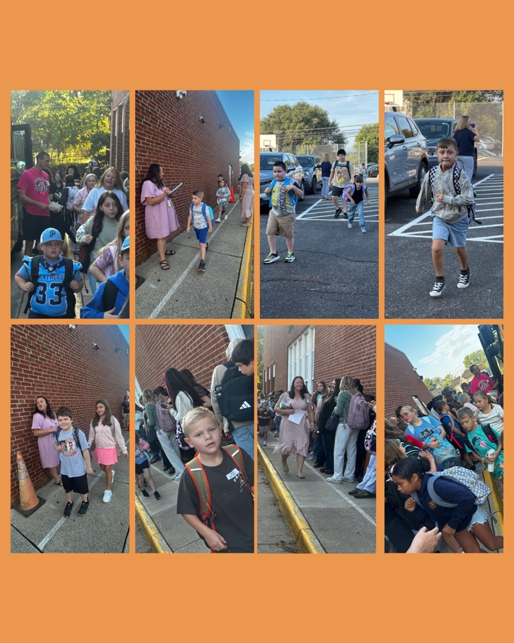 Students arrive for the first two days of school with backpacks while staff welcome them into the building.