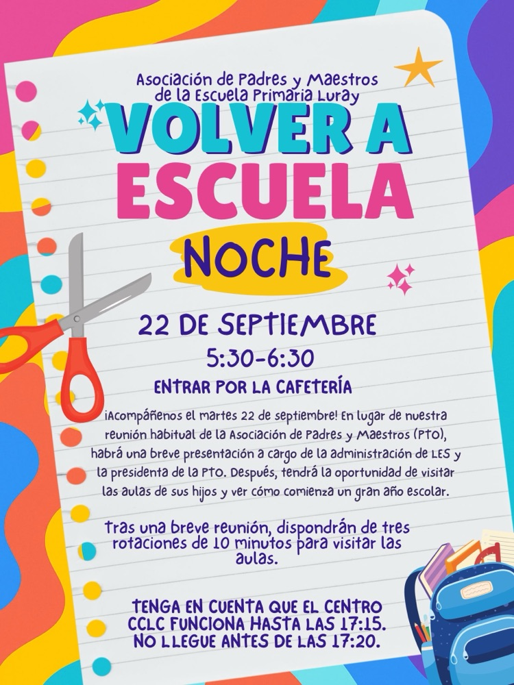 Acompáñanos el martes 22 de septiembre, en lugar de nuestra reunión habitual de la asociación de padres y maestros (PTO) de LES, habrá una breve presentación a cargo de la administración de LES y del presidente de la PTO. aulas. .