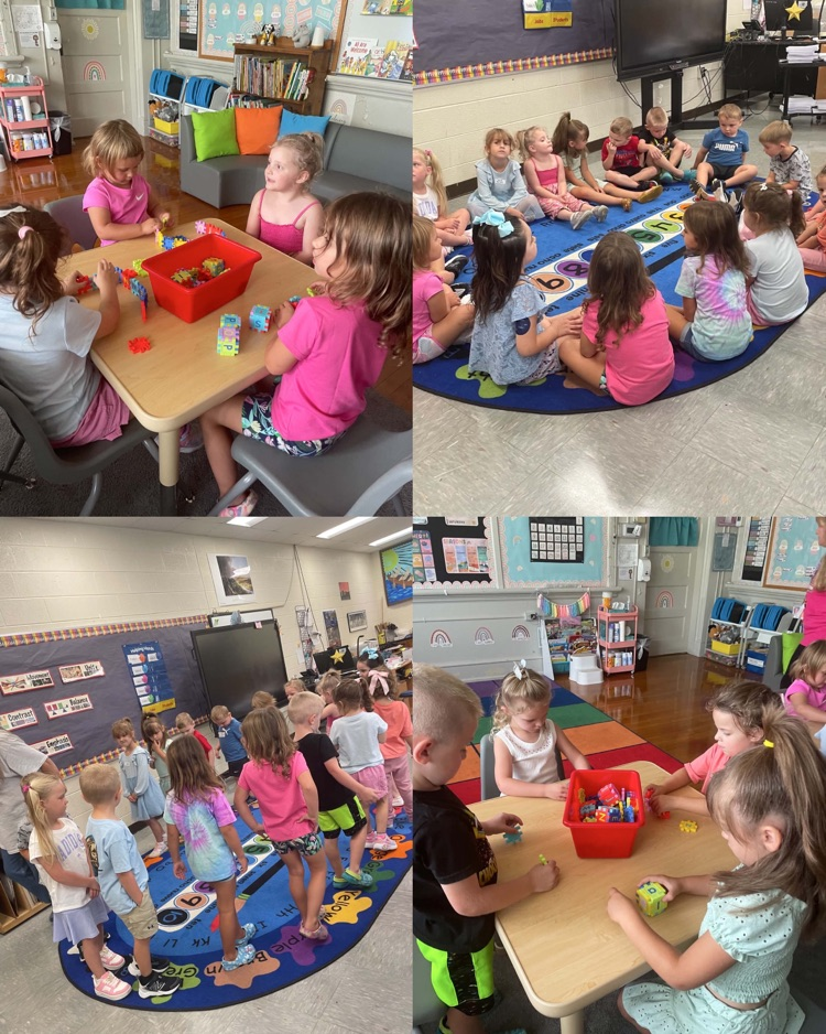 Collage of students building with blocks and participating in group activities in the classroom.