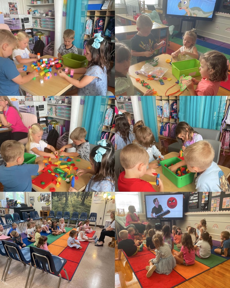 Collage of students building with colorful blocks, stringing shapes, and listening to a story read to them by their teacher.