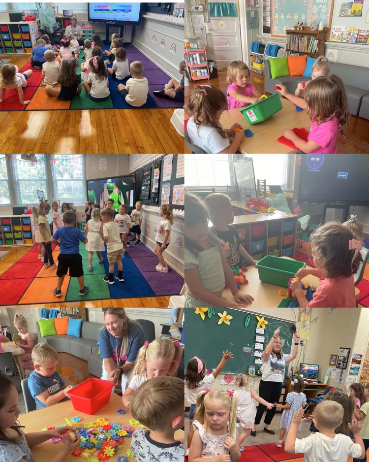 Collage of students building with blocks and participating in classroom movement and group activities