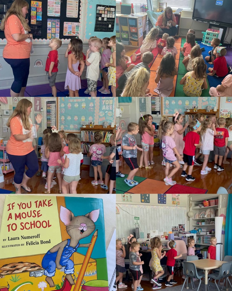 Collage of students listening to If You Take a Mouse to School and participating in a classroom activity.