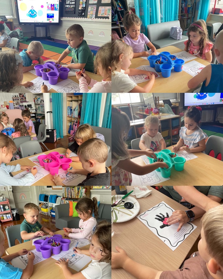 Collage of students coloring and creating handprint art after reading The Kissing Hand