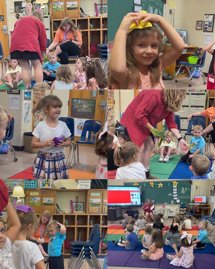 Collages of students singing, moving, and playing musical games with Mrs. Baker