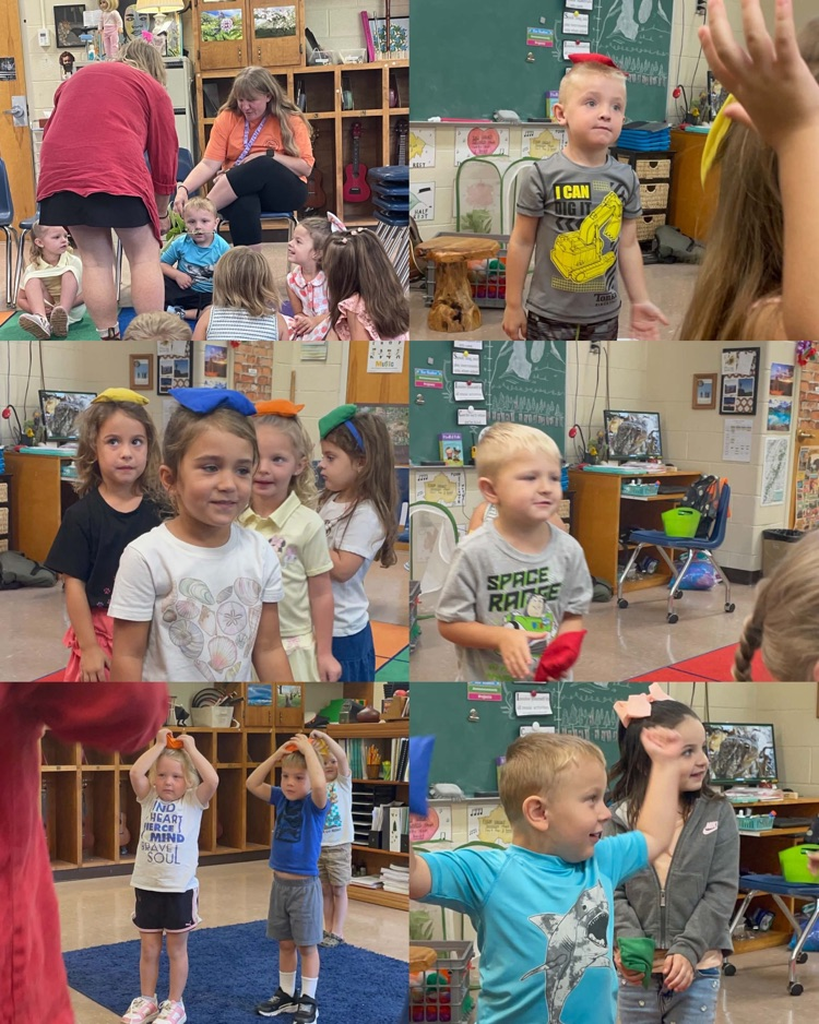 Collages of students singing, moving, and playing musical games with Mrs. Baker