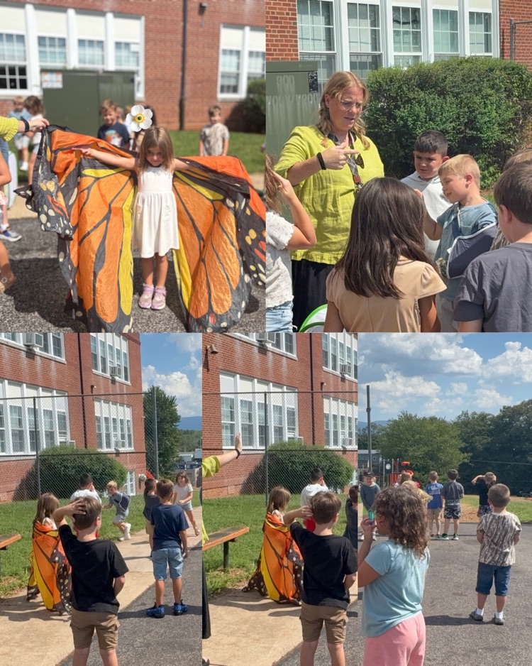 Collage of Mrs. Baker and Ms. Short’s first graders gathering outside to release a butterfly