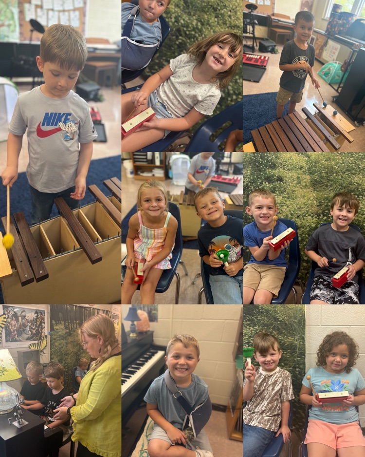 Collage of Ms. Short’s first graders smiling and playing a variety of instruments in Mrs. Baker’s music class