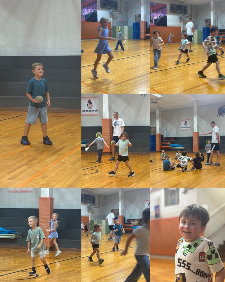 Collage of Ms. Short’s first graders running, playing with balls, and listening to instructions in Mr. Benson’s PE class.