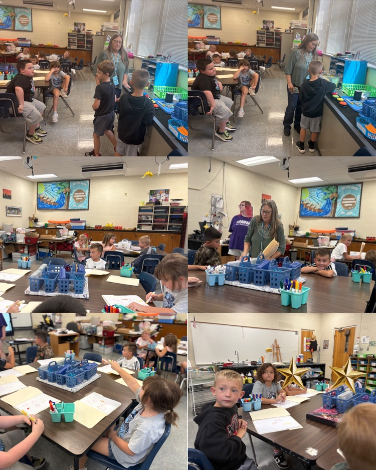  Collage of Ms. Short’s first graders learning about colors and shapes and creating artwork in Mrs. Davidson’s art class