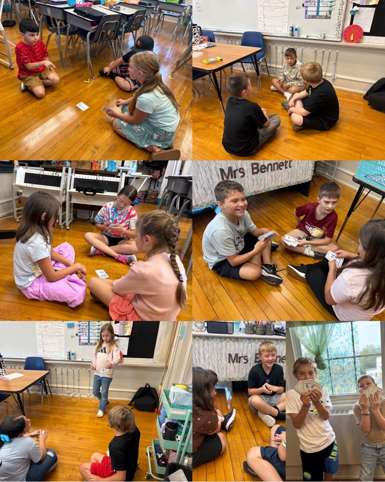 Collage of fourth graders working in small groups and practicing math skills with flash cards.