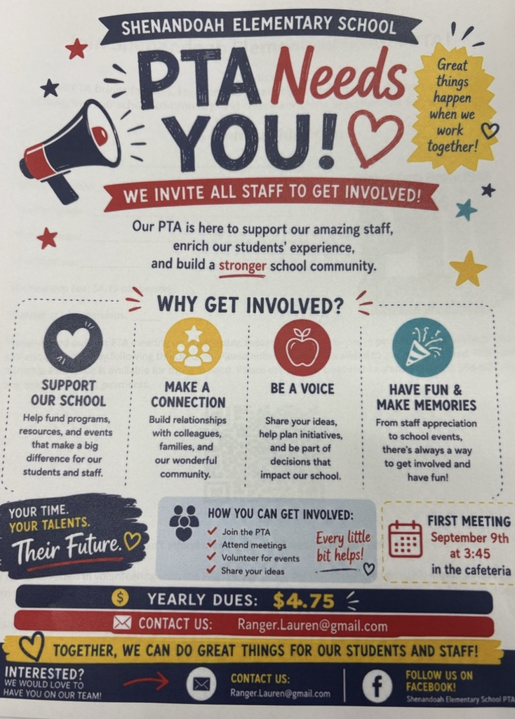 Colorful Shenandoah Elementary School flyer inviting staff to join the PTA. The flyer features a megaphone, stars, hearts, and icons representing school support, community connections, sharing ideas, and making memories