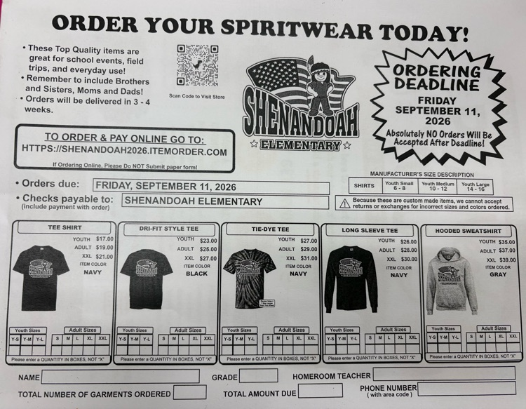 Shenandoah Elementary spirit wear order form featuring the school logo and five clothing options: a navy T-shirt, black dri-fit shirt, navy tie-dye shirt, navy long-sleeve shirt, and gray hooded sweatshirt.