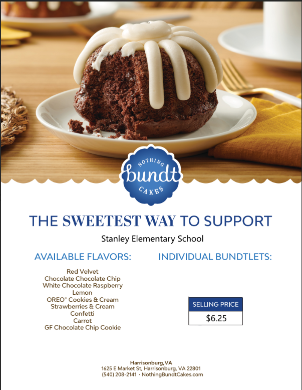 Nothing Bundt Cake flyer with flavor choices and price.