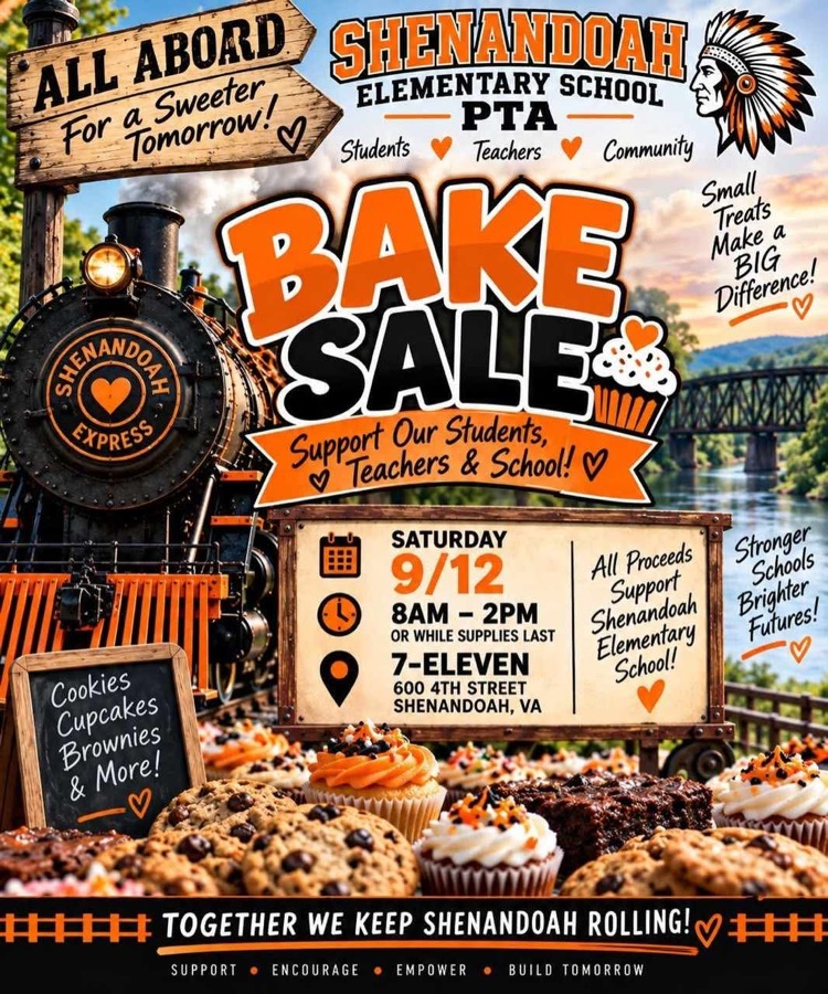 Shenandoah Elementary PTA Bake Sale flyer featuring a train and baked treats. The sale is Saturday, September 12, from 8 a.m. to 2 p.m. at the Shenandoah 7-Eleven