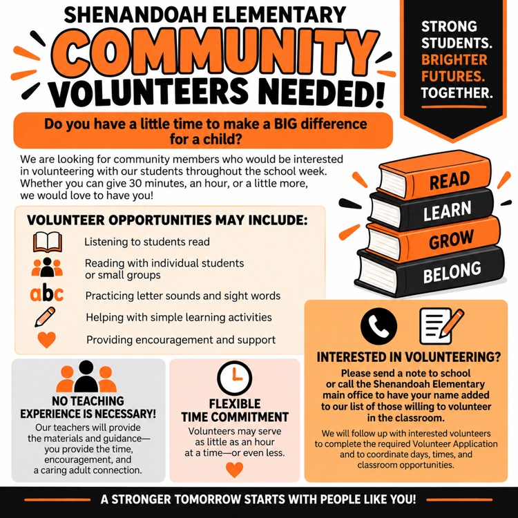 Shenandoah Elementary flyer seeking community volunteers to help students with reading and learning activities