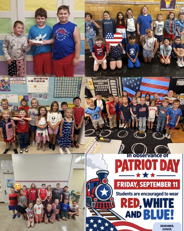 Collage of Shenandoah Elementary students wearing red, white, and blue in their classrooms in observance of Patriot Day