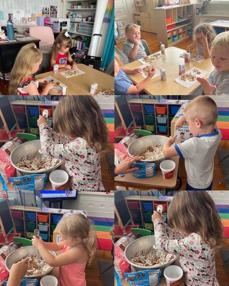 A collage of Pre-k students working together to make a snack mix.