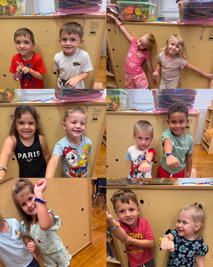 A collage of Pre-k students showing off their bracelets they made.
