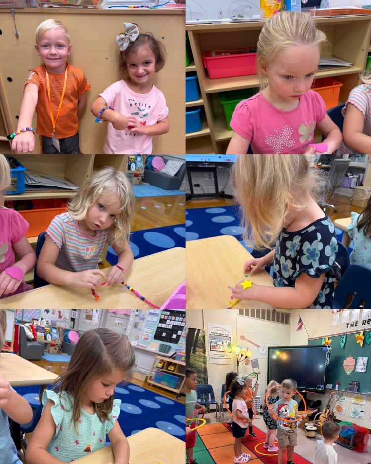 A collage of pictures of Pre-k students making bracelets and having fun while learning.