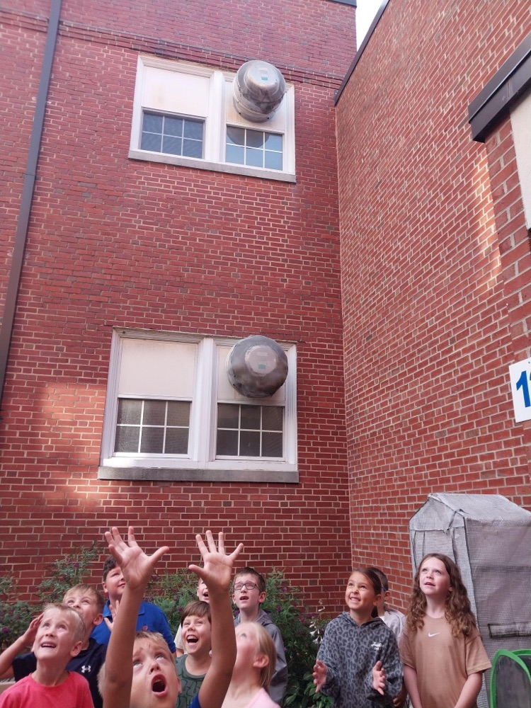 A group of first graders release their butterfly in the school’s courtyard.