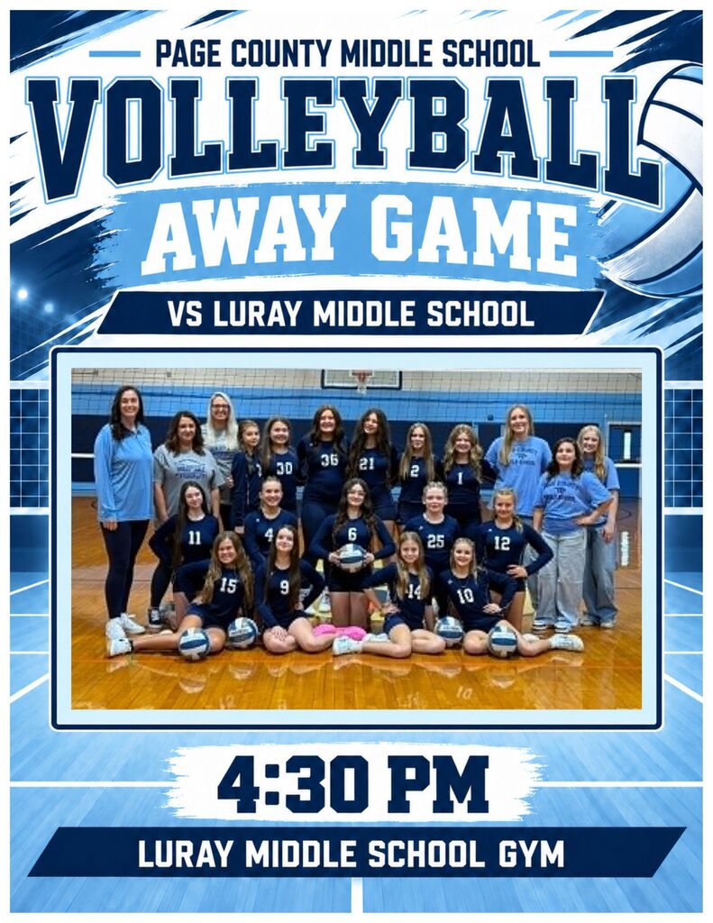 Picture of PCMS Volleyball Team. Volleyball match Thursday, September 17th, Page vs. Luray at 4:30 pm @ LMS
