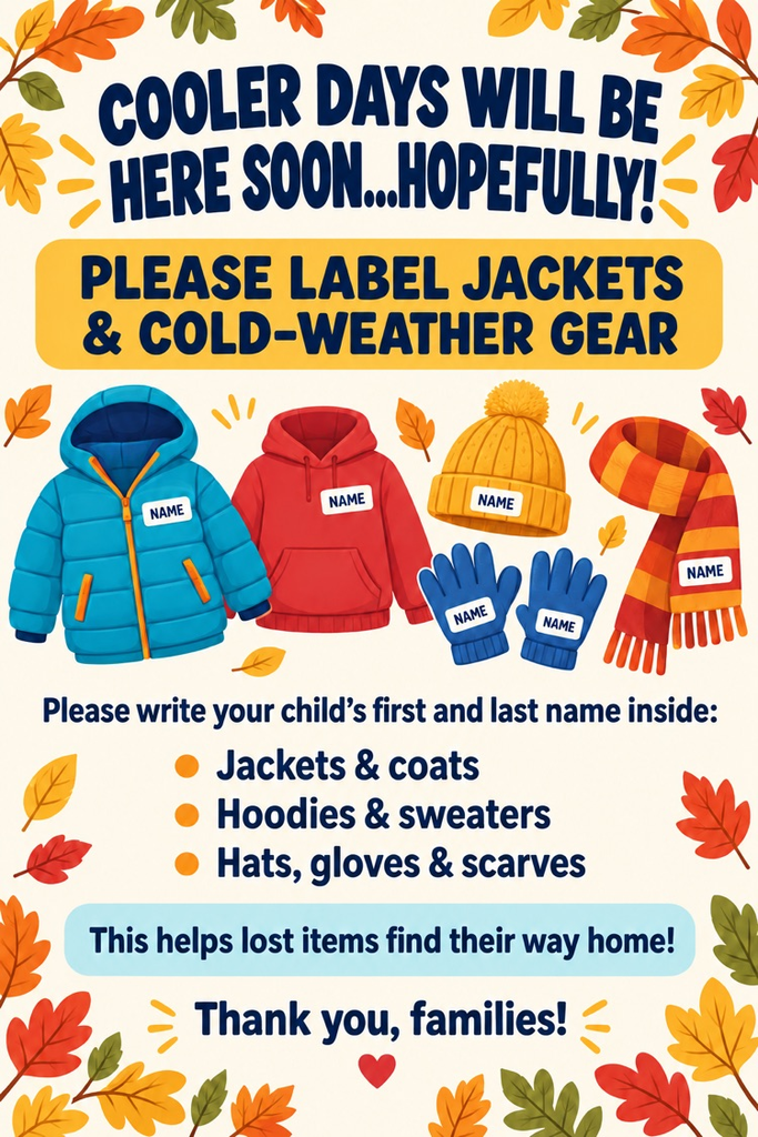 Fall-themed flyer reminding families to label jackets and cold-weather gear with their child’s first and last name.