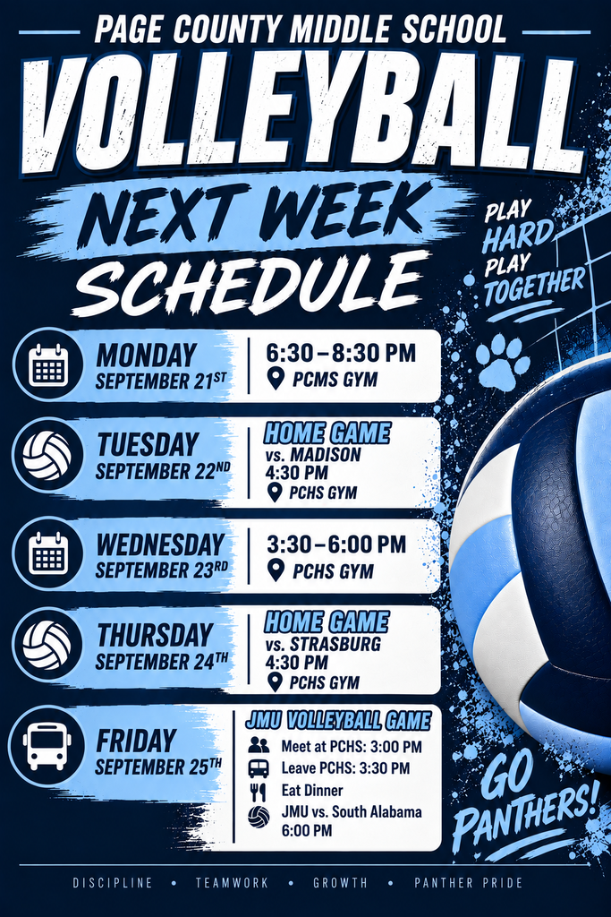 Page County Middle School Volleyball Schedule September 21–25