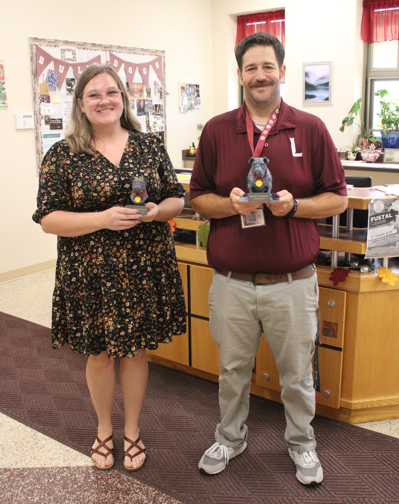 support staff of the month, Stefanie Stoneberger and Teacher of the Month, Nash Keim. 