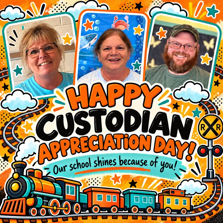 A train-themed collage featuring Shenandoah Elementary’s custodians, with a message celebrating them on Custodian Appreciation Day.