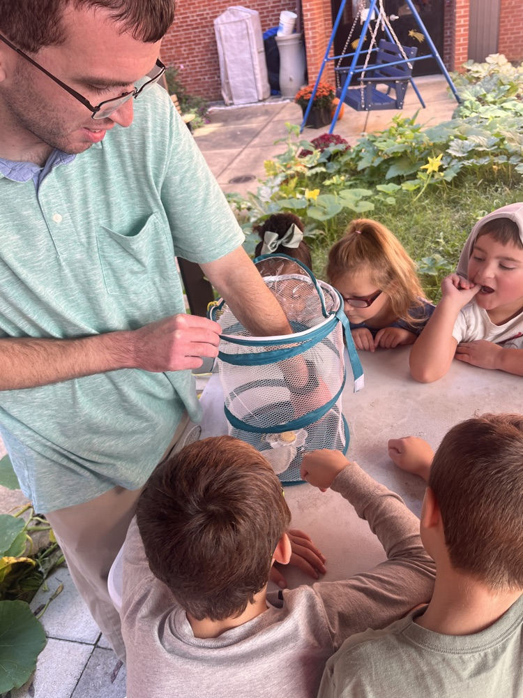 An adult shows students a butterfly habitat outdoors.