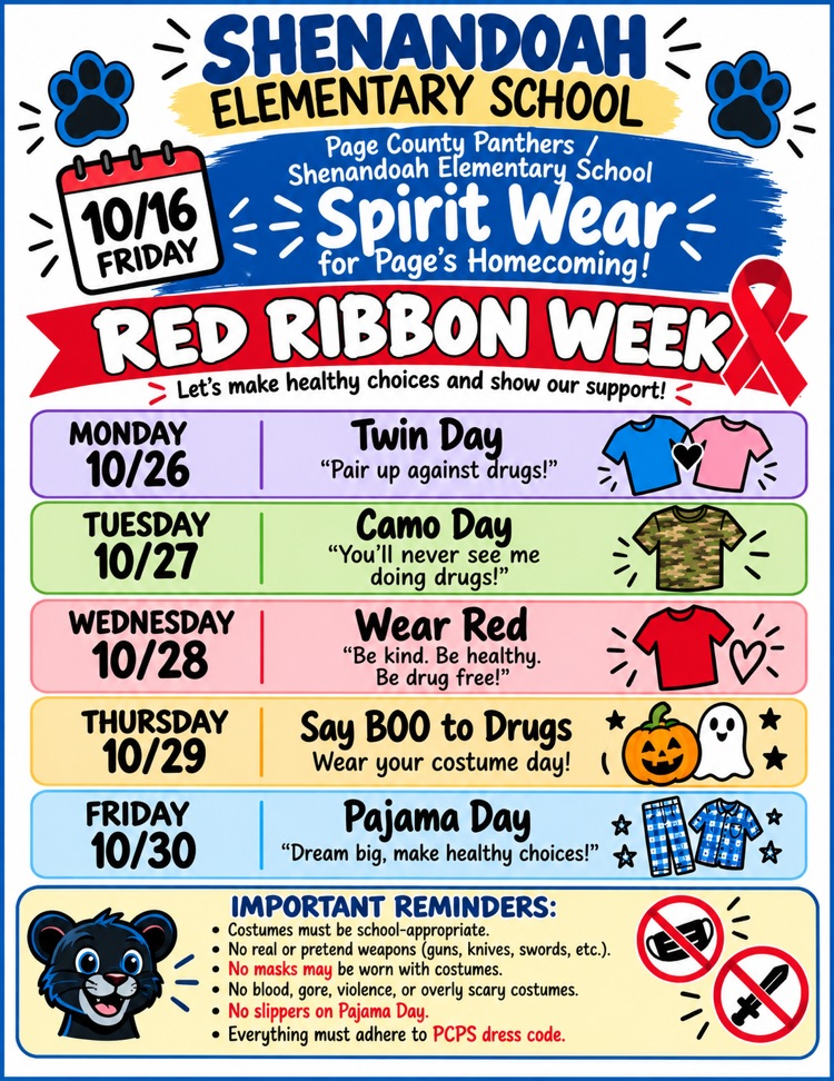 Colorful Shenandoah Elementary Red Ribbon Week flyer featuring Spirit Wear for Page County Homecoming on Friday, October 16, followed by themed dress-up days October 26–30. Costume and dress-code reminders are listed at the bottom
