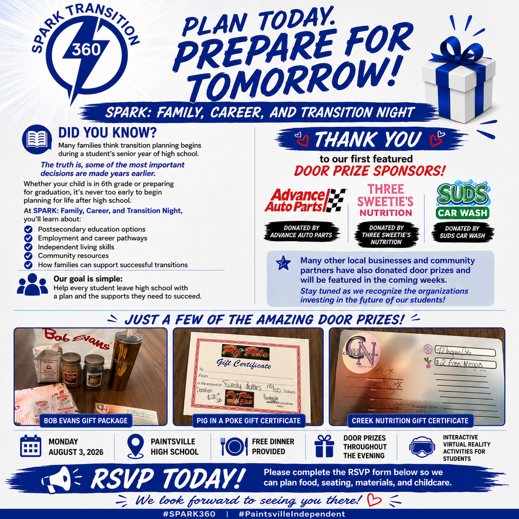 Square promotional graphic for SPARK: Family, Career, and Transition Night at Paintsville High School on Monday, August 3. The graphic explains that transition planning begins before a student's senior year and highlights topics including postsecondary education, employment, independent living, community resources, and family support. It thanks Advance Auto Parts, Three Sweetie's Nutrition, and Suds Car Wash for donating door prizes and notes that additional community sponsors will be featured in the coming weeks. Photos of additional door prizes from Bob Evans, Pig in a Poke BBQ, and Cole Creek Nutrition are displayed. The event includes free dinner, door prizes throughout the evening, and interactive virtual reality activities for students. The graphic encourages families to RSVP to help plan food, seating, materials, and childcare.