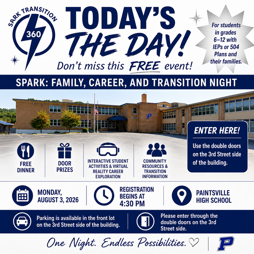 Blue and silver promotional graphic announcing "Today's the Day!" for SPARK: Family, Career, and Transition Night. The graphic features the front of Paintsville High School with directions to enter through the double doors on the 3rd Street side. It highlights that the free event is for students in grades 6-12 with IEPs or 504 Plans and their families and includes free dinner, door prizes, interactive student activities, virtual reality career exploration, and community resources. Registration begins at 4:30 p.m. on Monday, August 3, at Paintsville High School.