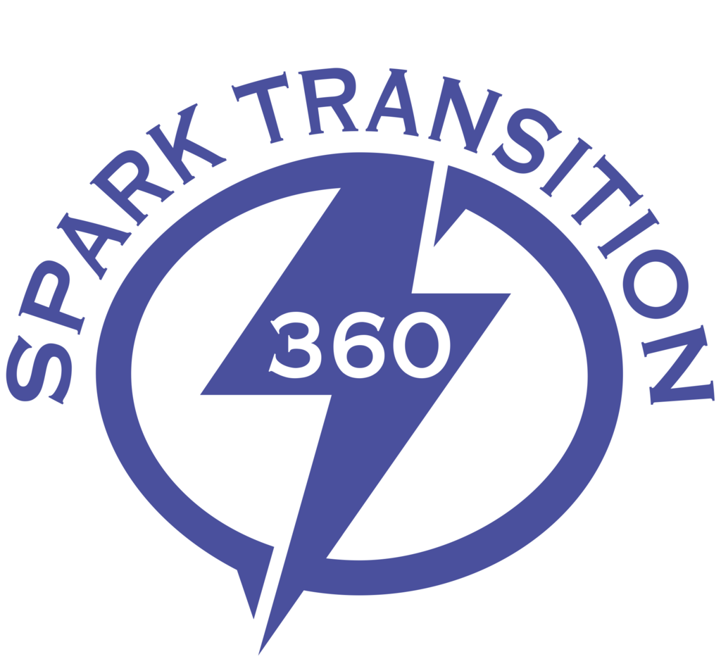 Blue SPARK Transition 360 logo featuring the words “SPARK TRANSITION” around a circular design with a lightning bolt through the center and the number “360” inside