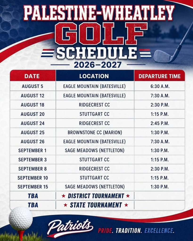 Golf schedule for the 2026-2027 school year